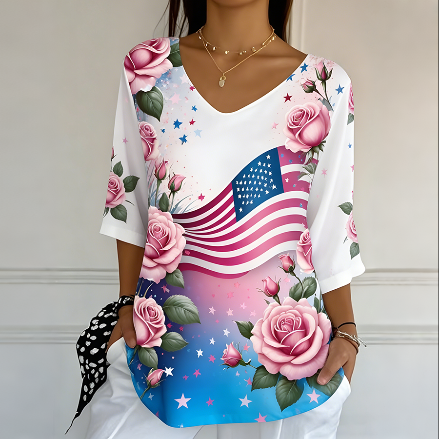 Ladies' Casual American Flag Print V-Neck Half Sleeved T-Shirt