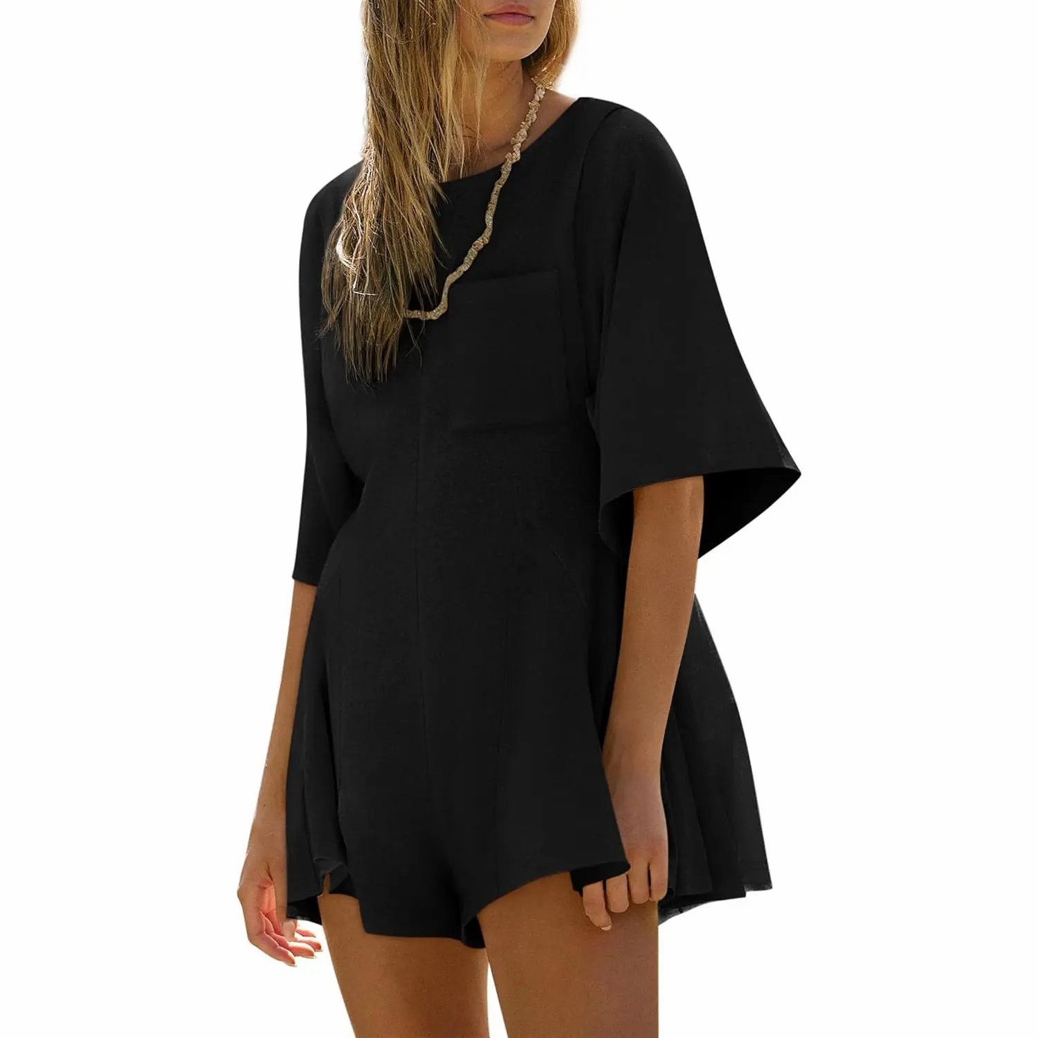 Women's Short Sleeve Loose Jumpsuit – Casual Crew Neck Romper with Pockets