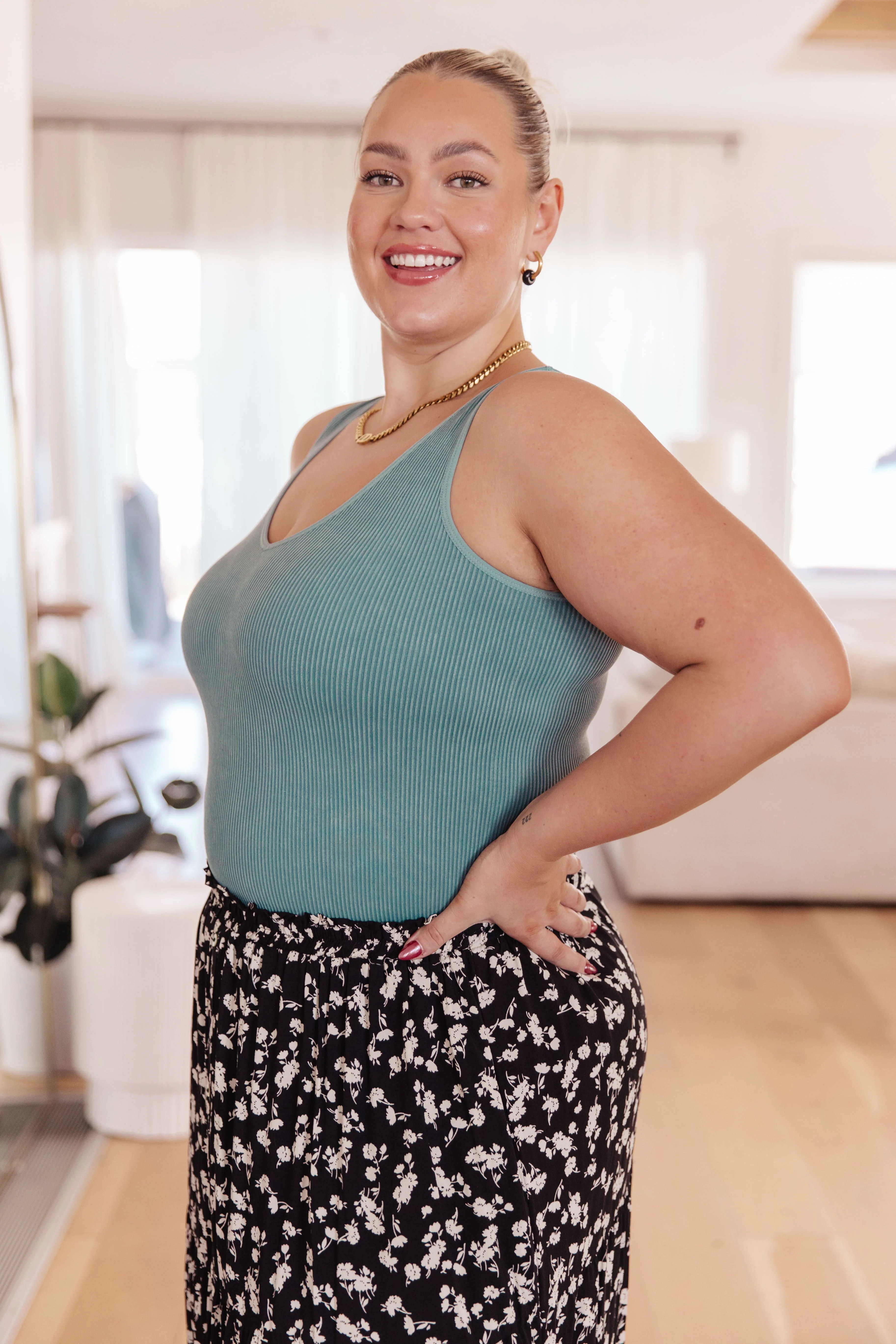 Ribbed Seamless Reversible Tank in Vintage Blue