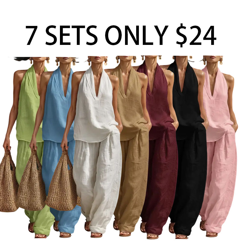 Boho Halter Neck Two Piece Set-Sleeveless Top Wide Leg Pants Set
