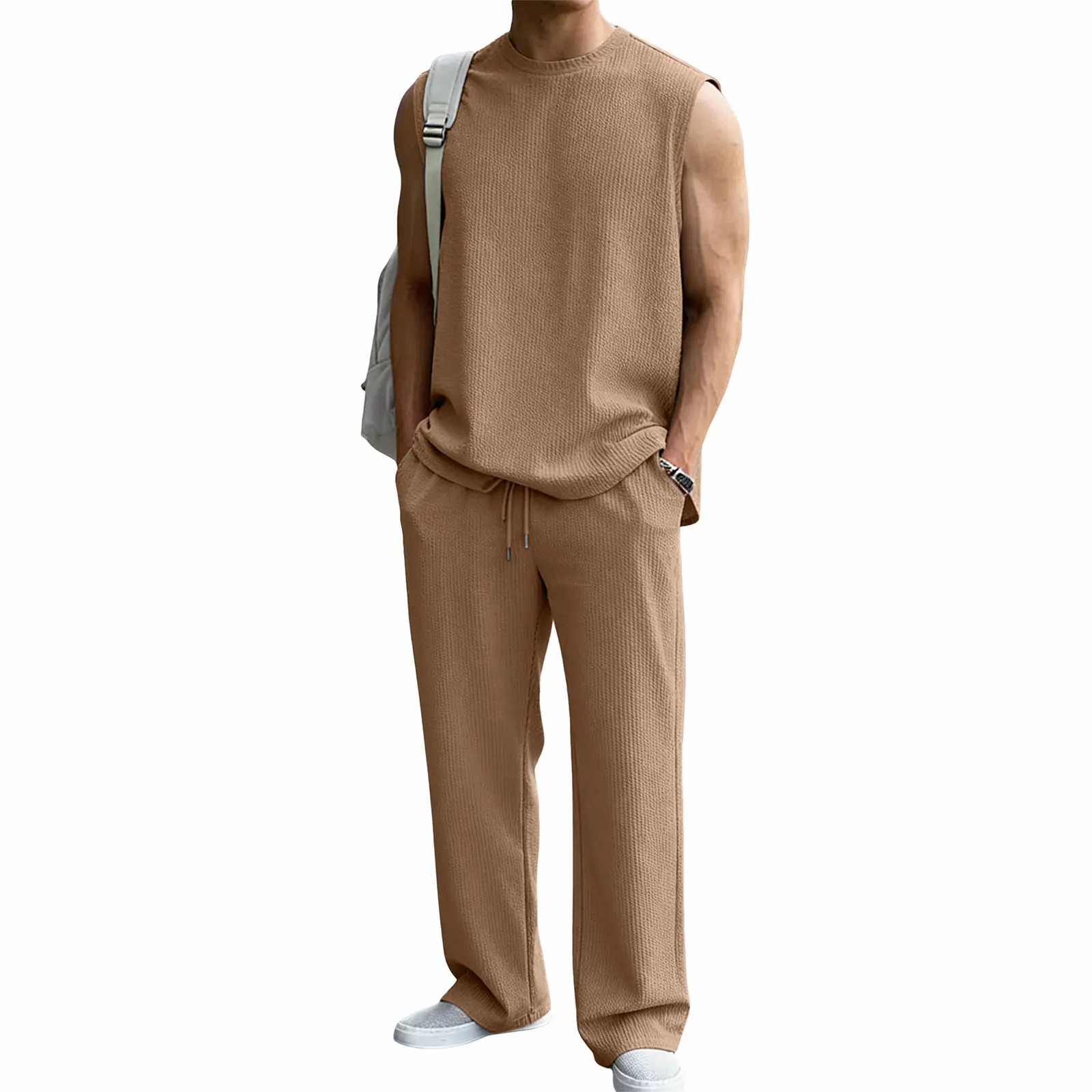 Men’s 2-Piece Ribbed Knit Sleeveless Sweatsuit Set – Summer Baggy Fit Tank & Wide Leg Pants