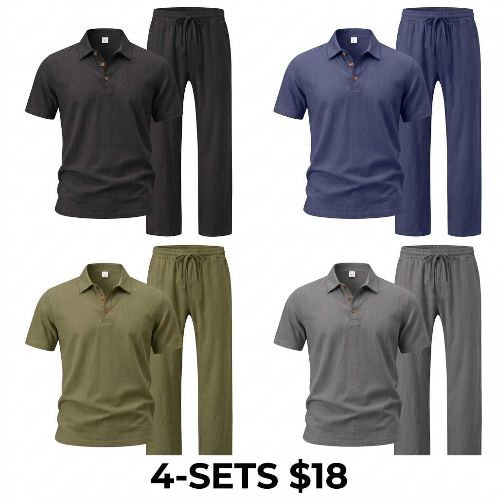 Men's Linen Beach 2-Piece Set – Short Sleeve Button Down Shirt & Loose Long Pants, Lightweight Summer Outfit