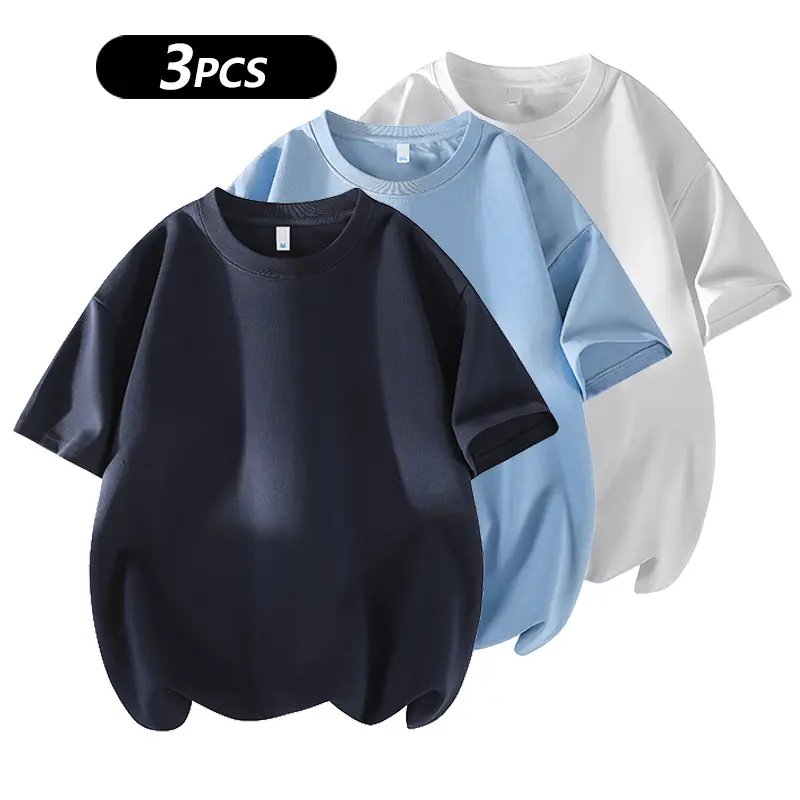 Men's 3PCS 100% cotton Crew Neck T-Shirts Set - Soft Loose Fit Navy Gray Black Tees for Casual Daily Wear