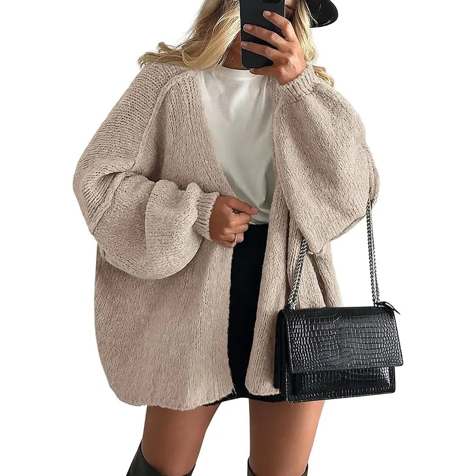 Women's Oversized Open-Front Cardigan – Long Lantern Sleeve Lightweight Knit