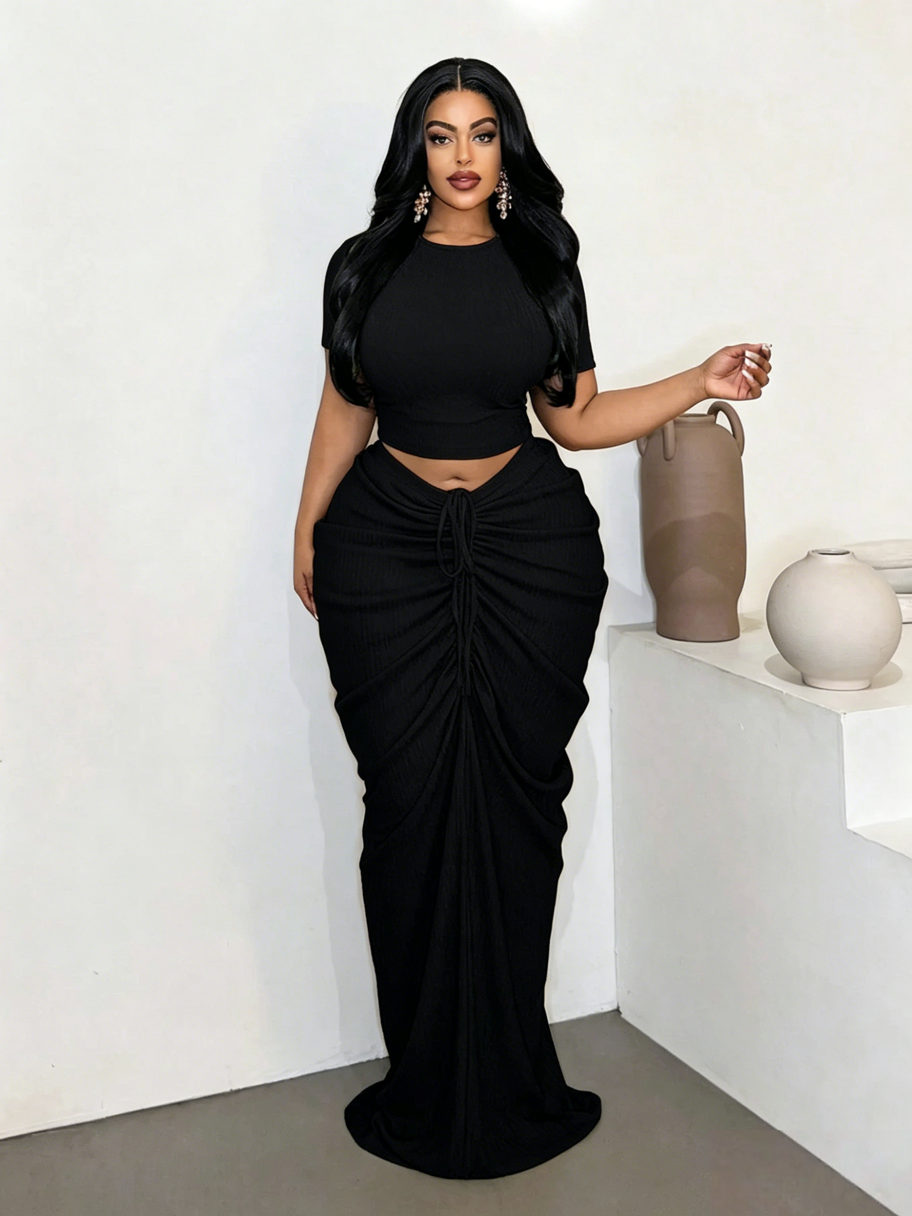 Plus Size Two-Piece Women's Set, Ribbed Short Top & Drawstring Pleated Skirt, Sexy Slim Fit Evening Party Dress