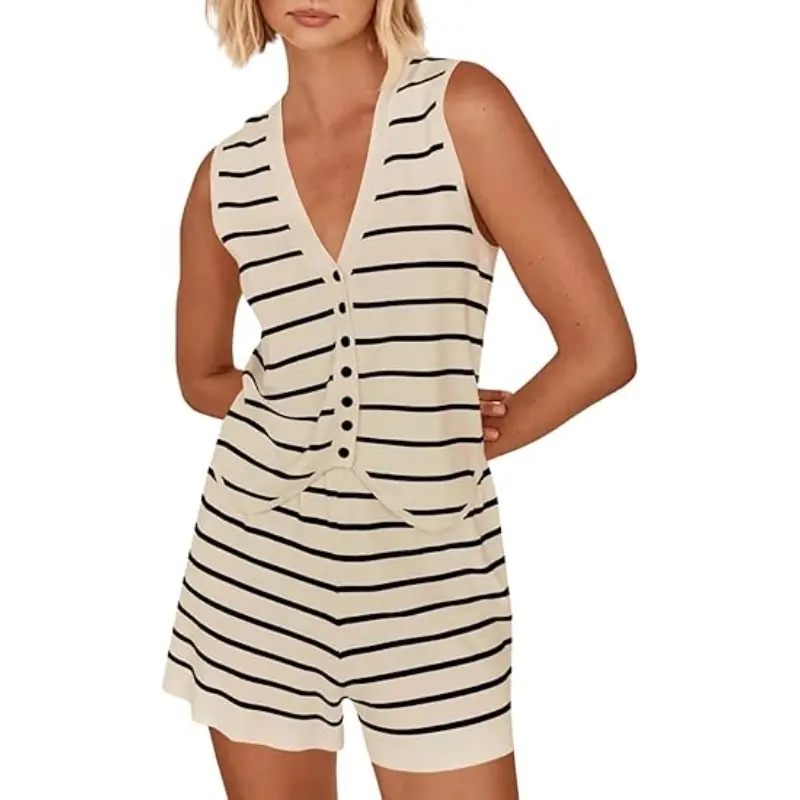 Womens 2 Piece Outfits Summer Striped Casual Lounge Sets Knit Sleeveless V Neck Tops Short Sets