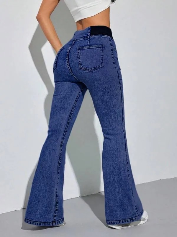 Women's Denim Print Flare Pants, Fashionable Long Jeans for Women