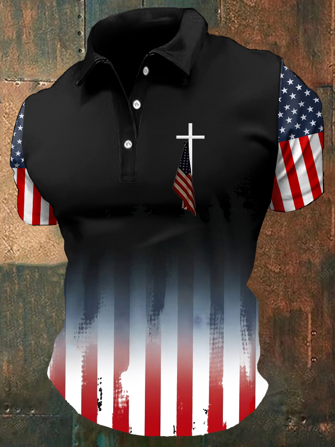 Men'S Flag Cross Printed Polo Shirt
