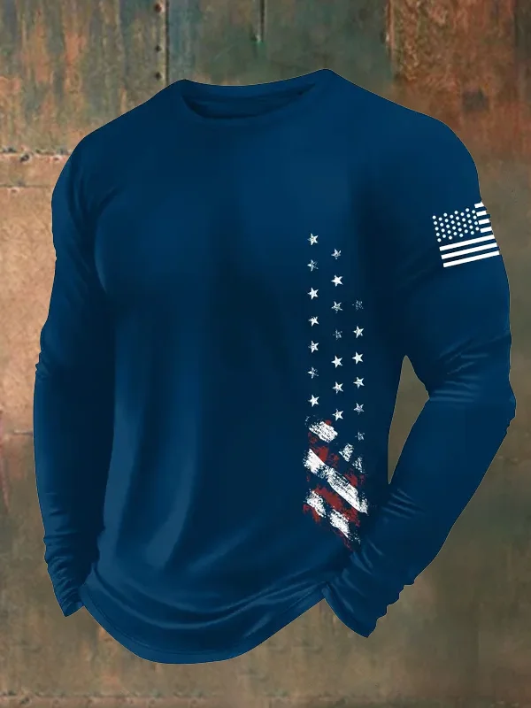 Men'S Retro American Flag Independence Day 250Th Anniversary Commemorative Edition Classic Printed Long Sleeve