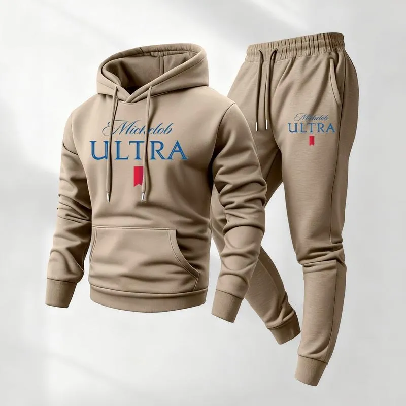 Men's vintage print hooded sweatshirt and drawstring sweatpants set, men's clothing