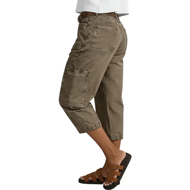 Patch Pocket Seam Front Mid Rise Straight Leg Capri Pants Womenswear Stretchy 18.9