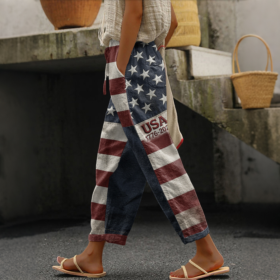 Women'S American Flag Independence Day Celebration Printed Cotton And Hemp Casual Pants