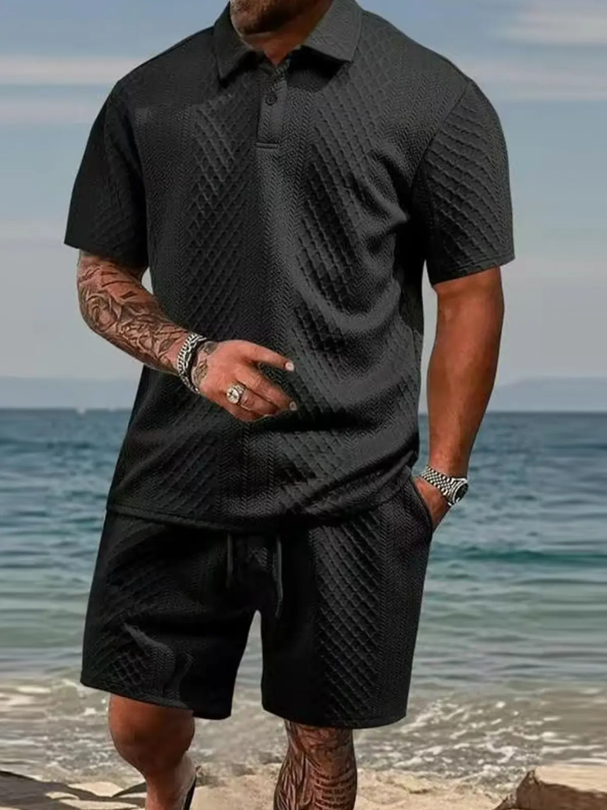 Men's summer casual texture fabric solid color polo shirt T-shirt shorts 2-piece set