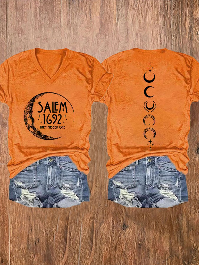 Women's Halloween Salem 1692 They Missed One Print V-Neck T-Shirt