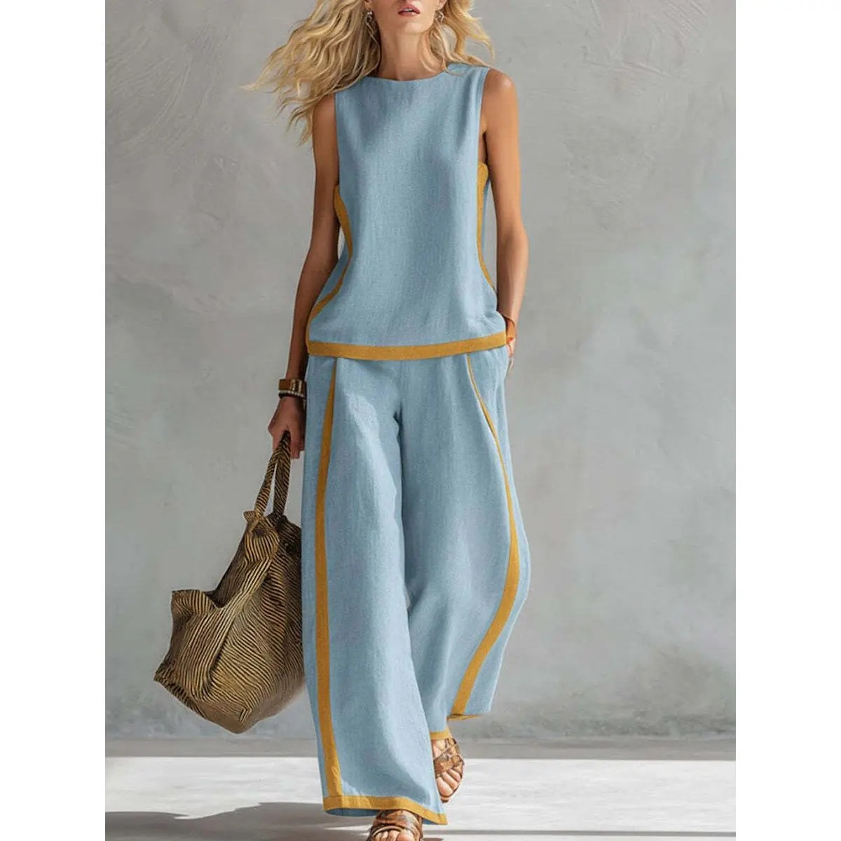 2026 Linen Blend Two Piece Set for Women Sleeveless Color Block Top Wide Leg Pants Set Casual Summer Outfit