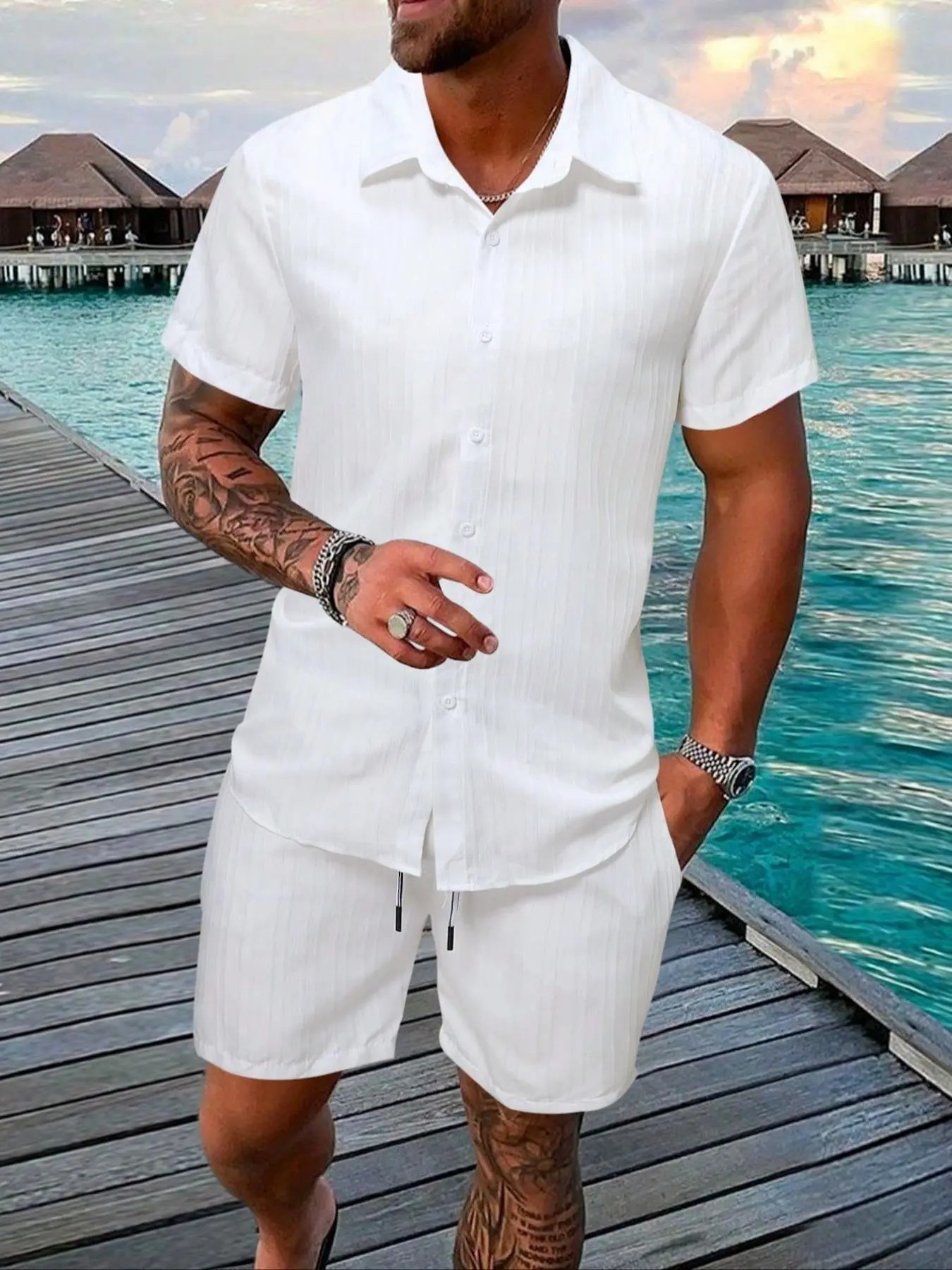 7-Pack Men's Summer Casual Set – Textured Shirt & Shorts | 7 Sets Only $23.99