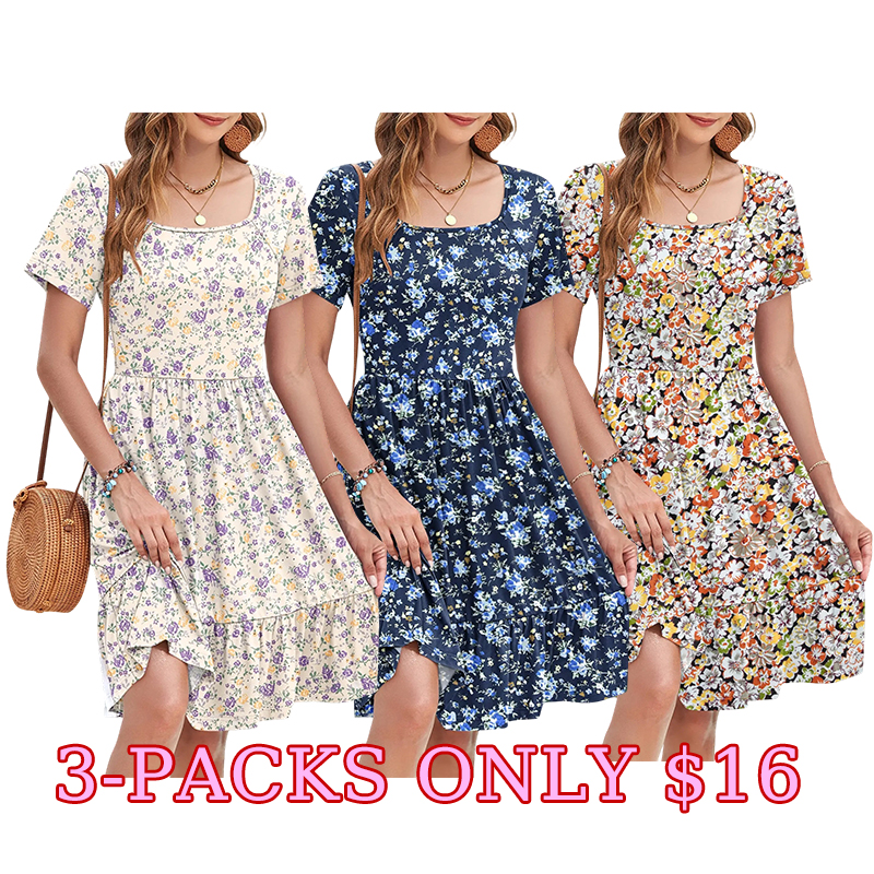 Women’s Square Neck Ruffle Summer Dress with Pockets