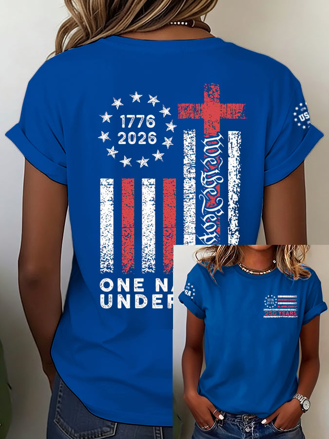 Women's Vintage USA 250th Anniversary One Nation Under God Print Casual T-shirt