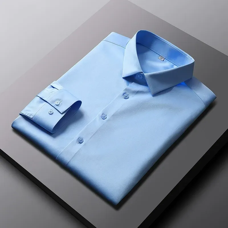 2025 New Elastic Silk White Shirt Men'S Long Sleeve Iron-Free Solid Color Breathable Casual Slim Business Men'S Shirt