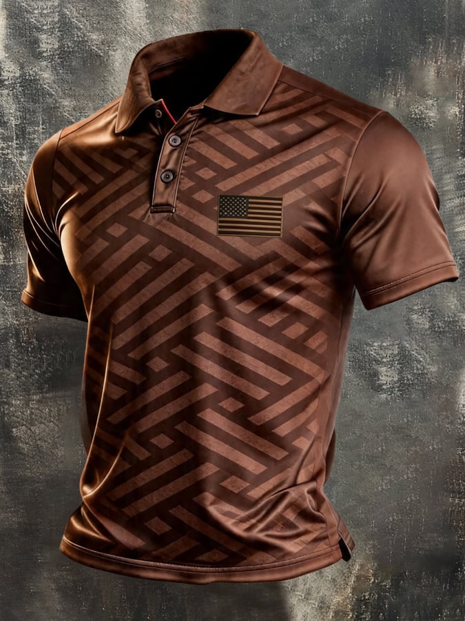 Men's Retro Patriotic Color-Block Short-Sleeve Polo Shirt