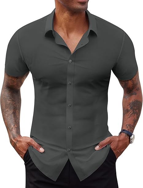 Stretch Dress Shirts for Men Short Sleeve Slim Fit