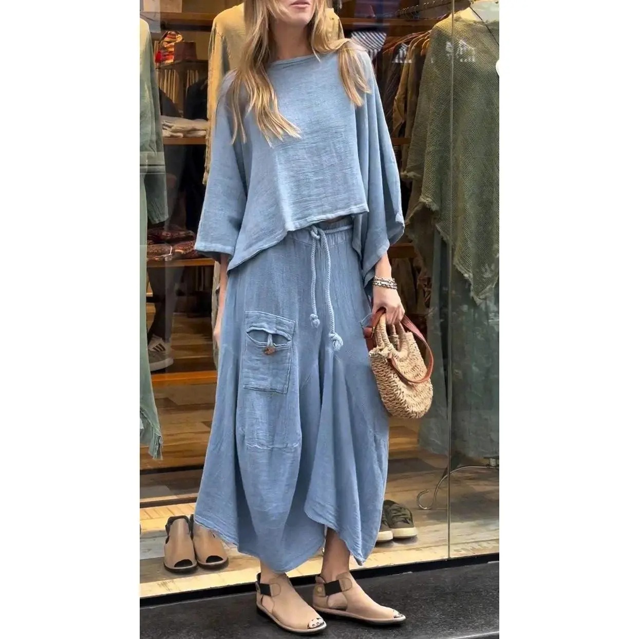 Women’s 2-Piece Loose Vintage-Style Batwing Sleeve Skirt Set