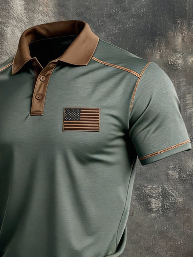 Men's Retro Patriot Color Block Polo Collar Short Sleeve