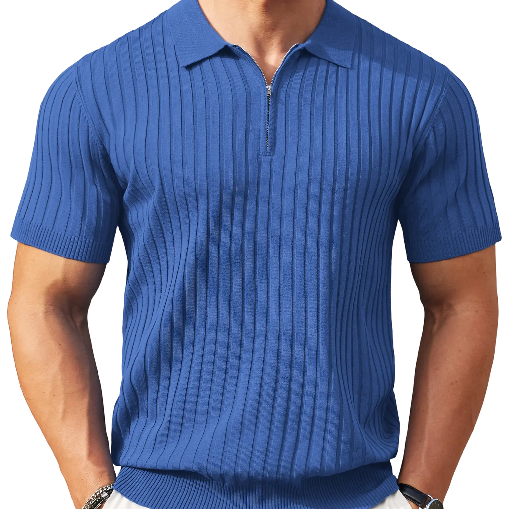New York Fashion Week Men's Zipper Polo Shirts Short Sleeve Ribbed Knit Polo
