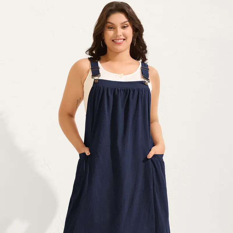 [M-6X] Cotton Pinafore Overall Dress Sleeveless with Square Neckline  Adjustable Strap and Pleated Pockets Breathable Midi Length Side Seam Plus Size Minimalist 2026 Summer Pick for Mother's Day