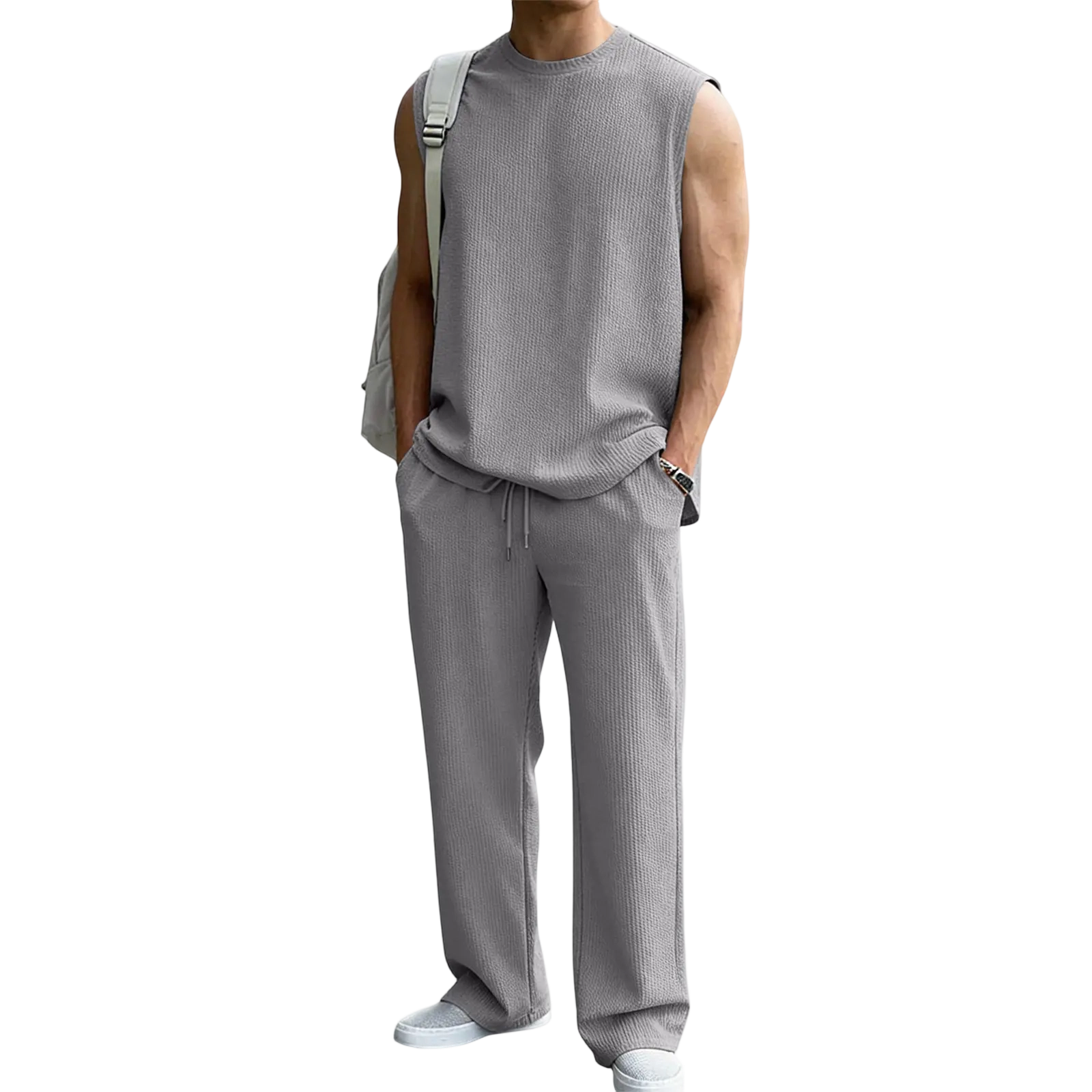 Mens 2 Piece Rib Knit Sweatsuit Summer Sleeveless Tank