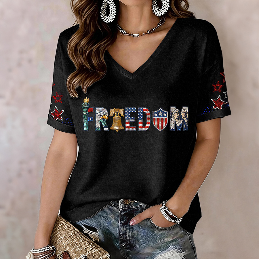 Women's Freedom Sparkly Rhinestone V-Neck T-Shirt