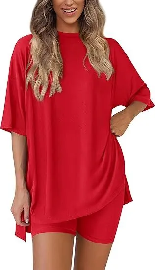 🔥Women's Two Piece Lounge Set 2026 Summer Casual Oversized Shirts Biker Shorts Matching Airport Travel Outfit