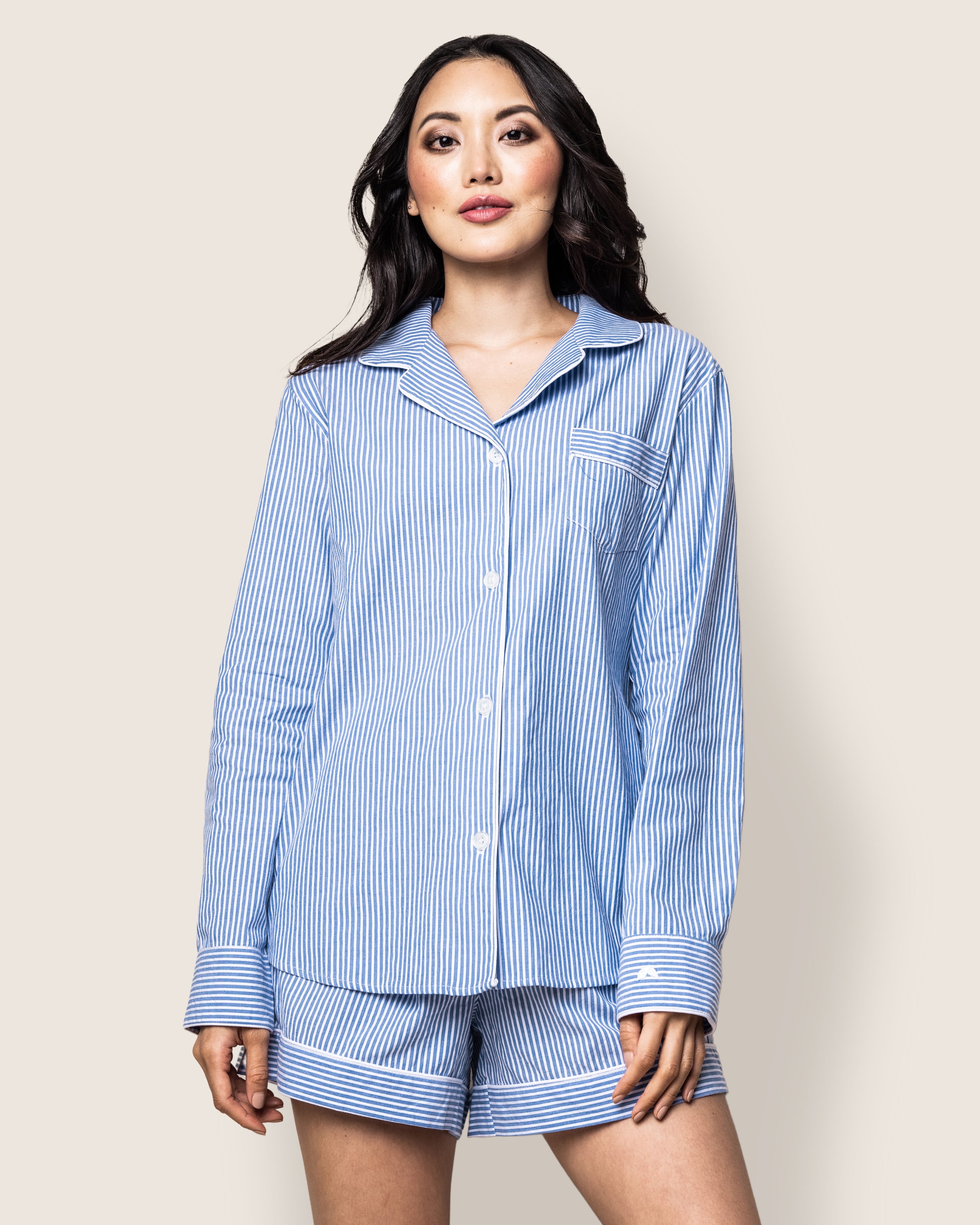 Women's Twill Long Sleeve Short Set in French Blue Heritage Stripe