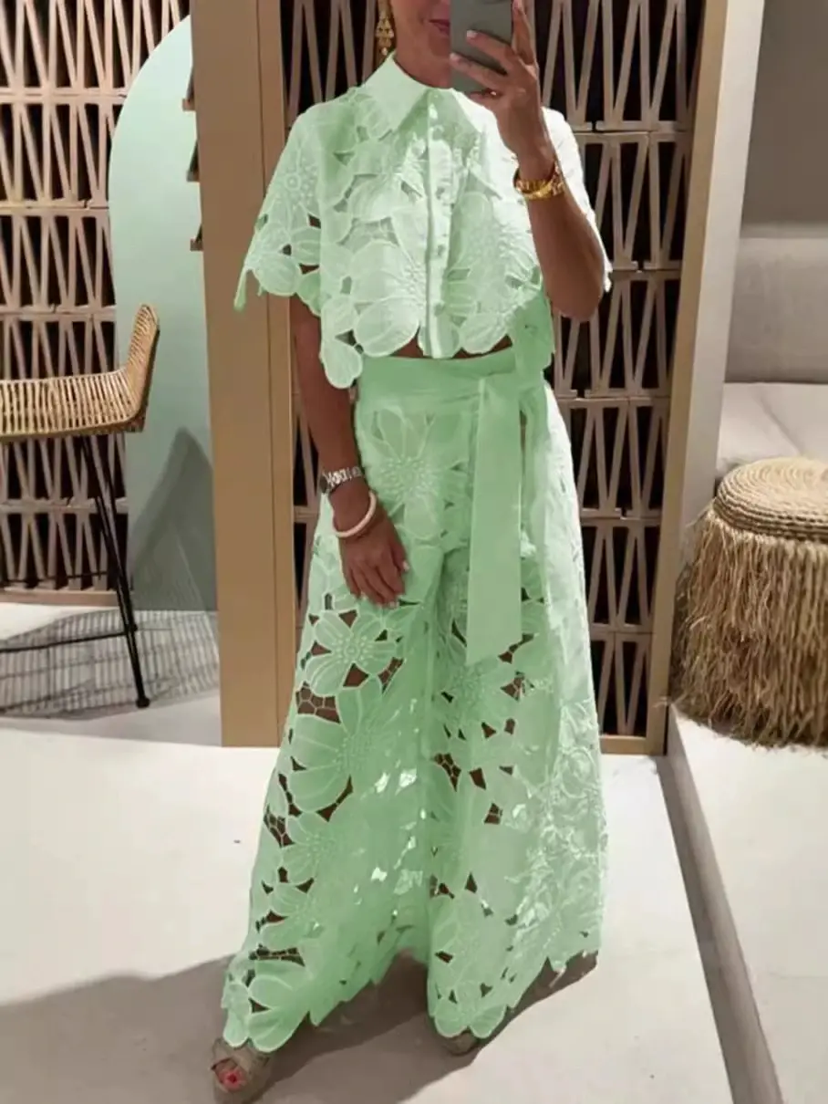 Women's 2026 New Retro Lace Outfit Set Short Sleeved Blouse Tops & Tie-up Pants Two-Piece Embroidery Hollow Temperament Suit for Casual & Special Occasions
