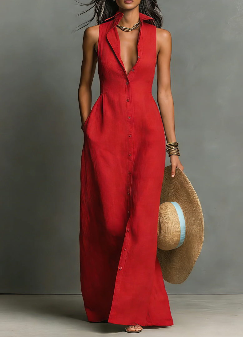 Women'S Minimalist Linen-Blend Collared Single-Breasted Sleeveless Maxi Shirt Dress