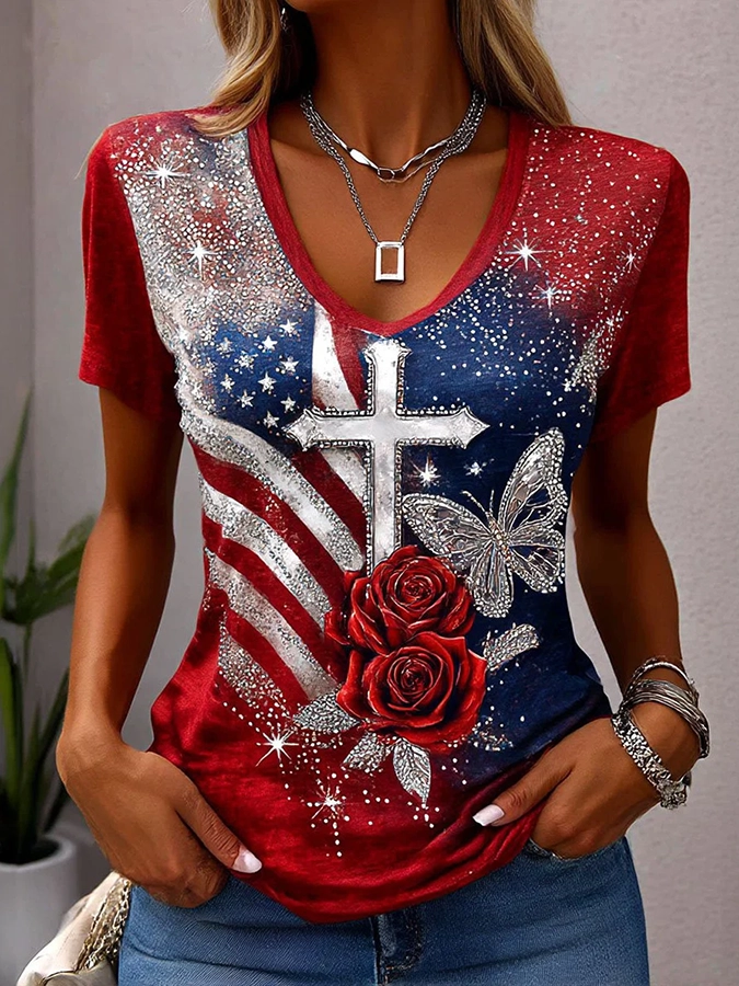 250Th Anniversary Of The Founding Of The United States Women'S Casual Brick Printed V-Neck T-Shirt