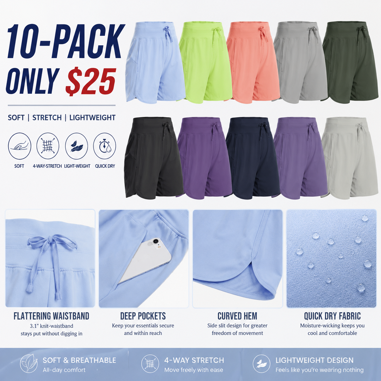 🔥Women’s High-Waist Quick-Dry Athletic Shorts (3