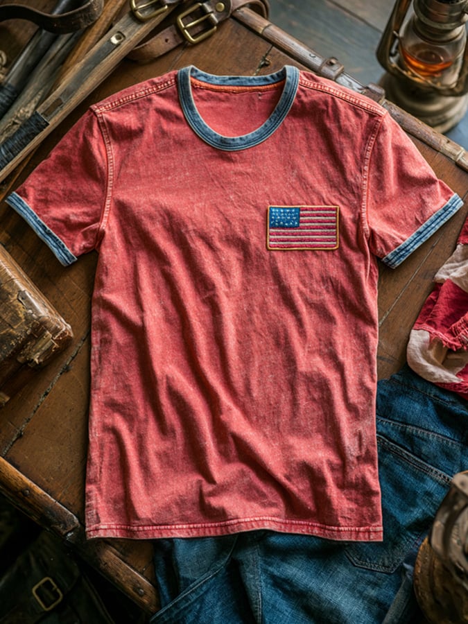 Men's Retro Patriotic Color-Block Crew Neck Short-Sleeve T-Shirt
