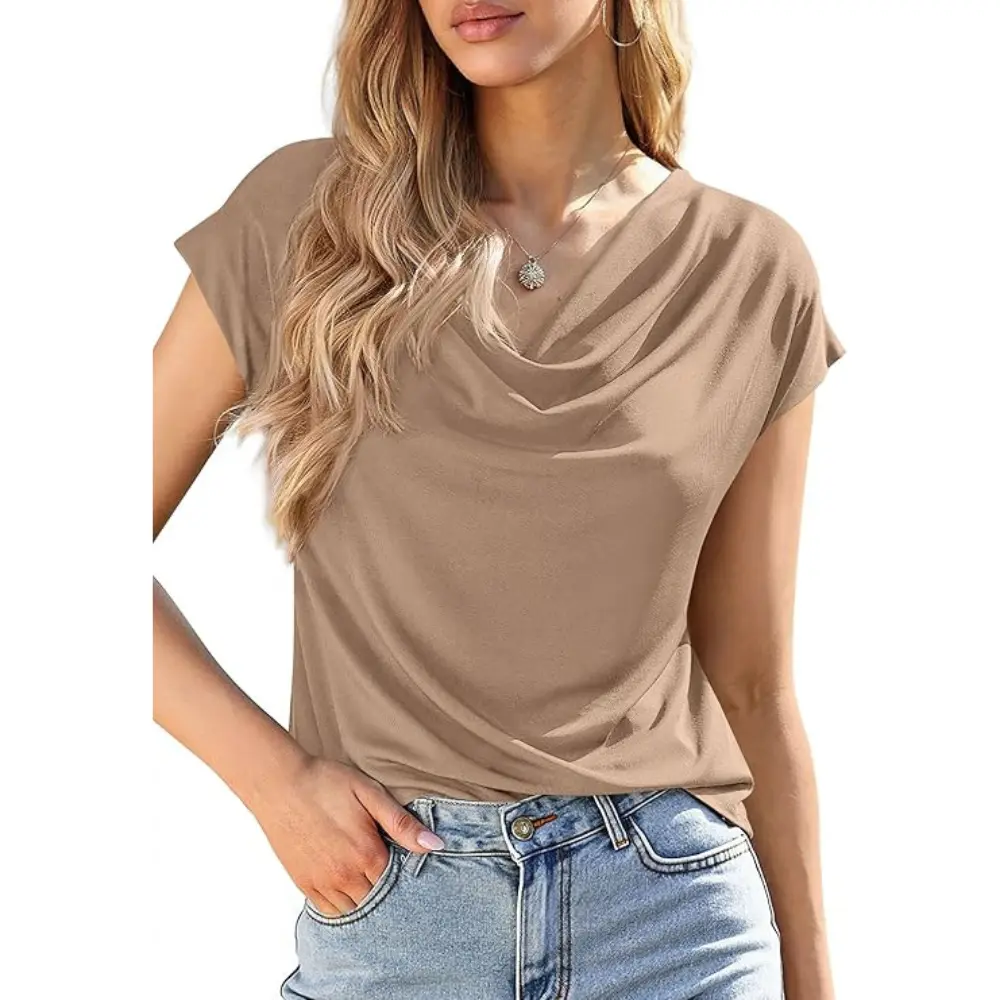 Women's Cowl-Neck Short-Sleeve Top — Elegant Casual Wear, Summer Shirt