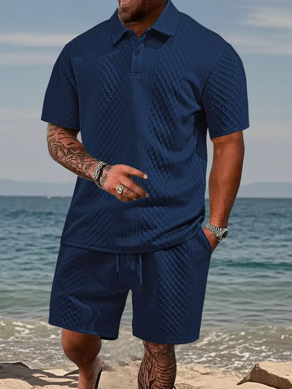 🔥Men's Solid Polo Shirt & Drawstring Waist Shorts Set, Cozy Breathable Two-piece Outfits for Daily Outdoor Wear, Men Clothes for Summer