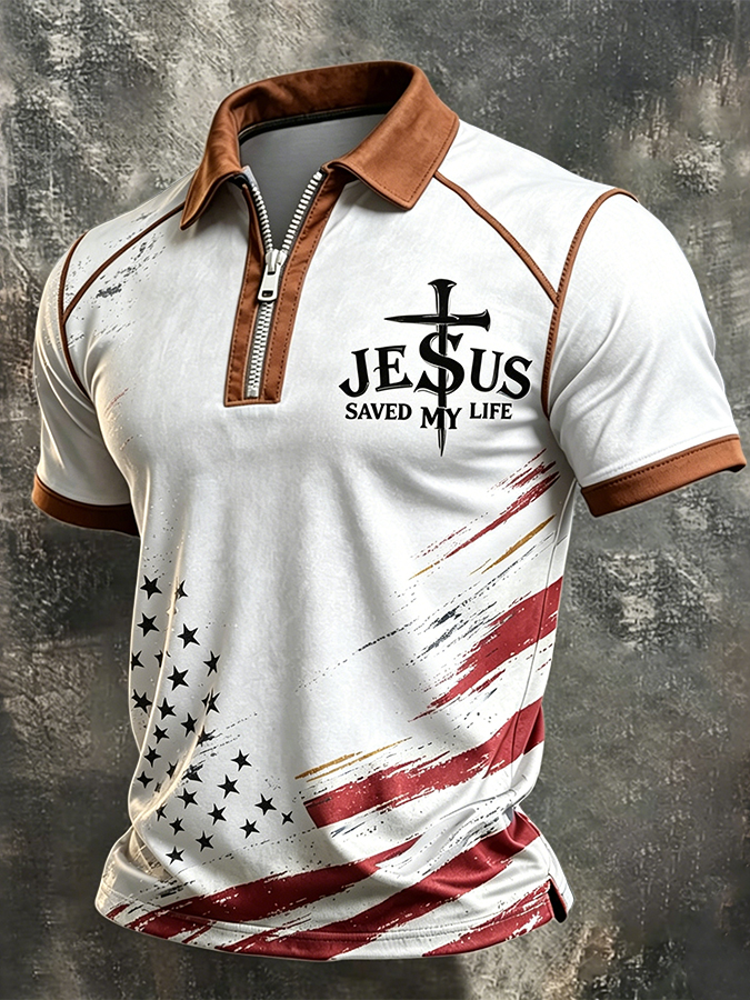 Men's Jesus Saved My Life USA Flag Christian Zip Polo Shirt