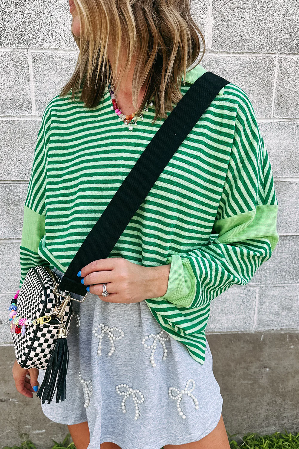 Stripe Turn-Down V Neck Patchwork Loose Top