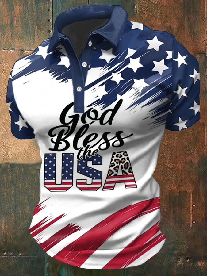 Men'S Casual American Independence Day God Bless The USA Printed Celebration Short Sleeved Polo Shirt