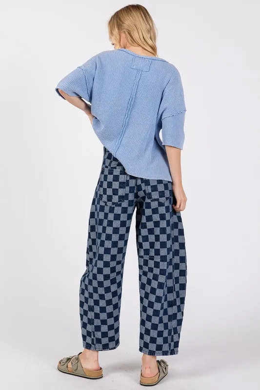 Barrel Style Leg Checkered Print Jeans