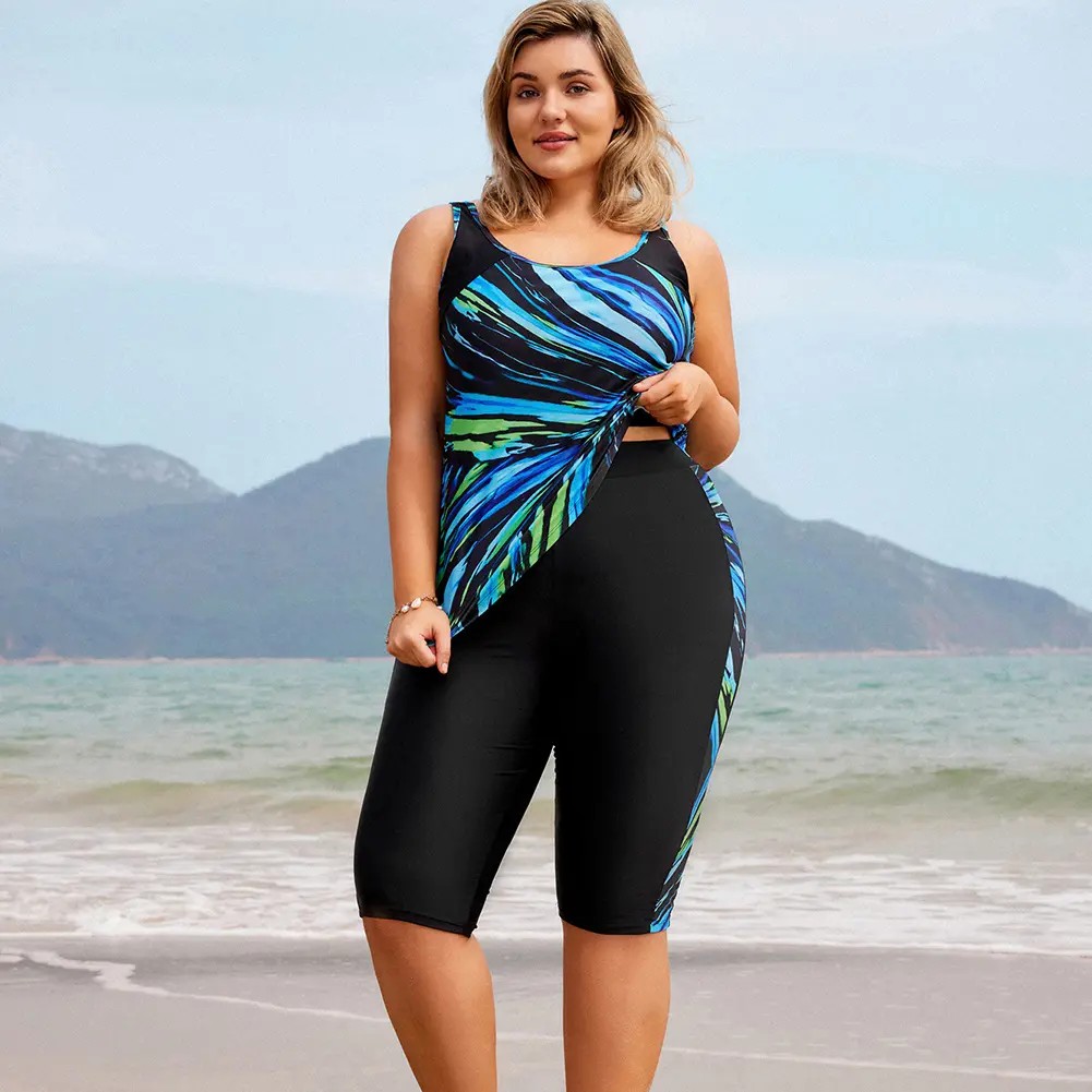 Two-Piece Swimsuit Women's Sun Protection Knee-Length Swim Shorts Tummy Control Outdoor Swimsuit Tankinis Set