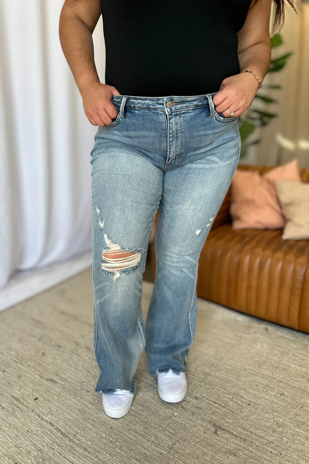 Blue Full Size Medium Rise Tummy Control Destroy Flare