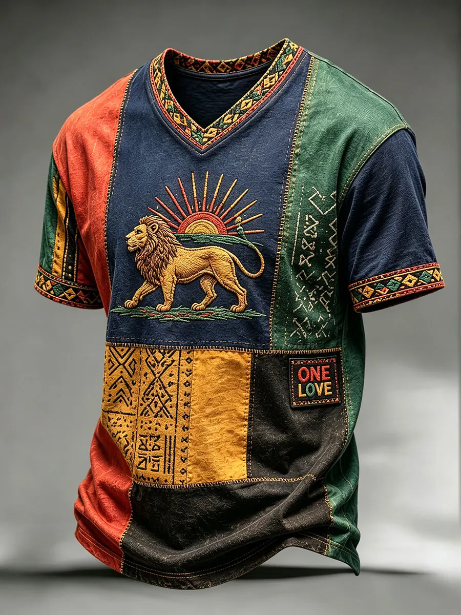 Rasta Sunrise Lion Patchwork Men’s V-Neck T-Shirt