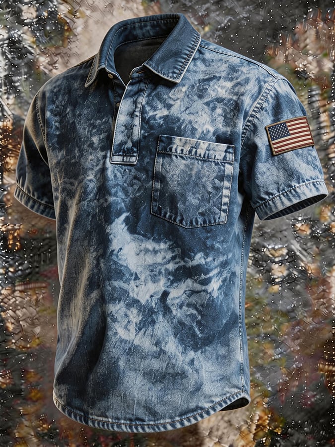 Men's Tie-Dye Washed Denim Polo Shirt, American Flag Patch Sleeve Chest Pocket Vintage Casual Short Sleeve Streetwear Top