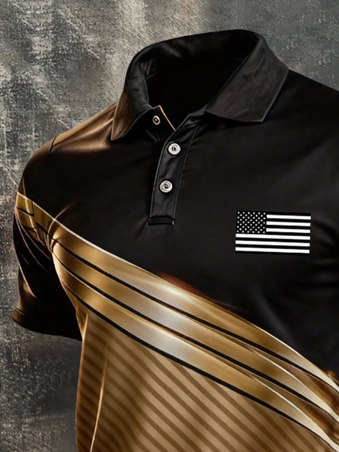 Men's Retro Patriotic Color-Block Short-Sleeve Polo Shirt