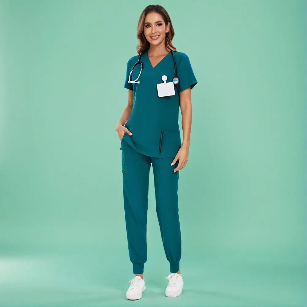 Women's Set — Stretch V-Neck Scrub Top and Jogger-Style Scrub Pants (8 Pockets)